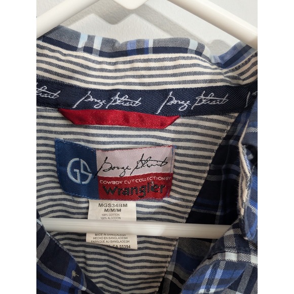 Wrangler George Strait Cowboy Cut Button Up Shirt Medium Long Sleeve Plaid Blue - Picture 2 of 4